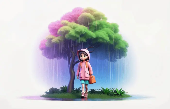 A Young Boy Walks to School in the Rain 3D Character Illustration